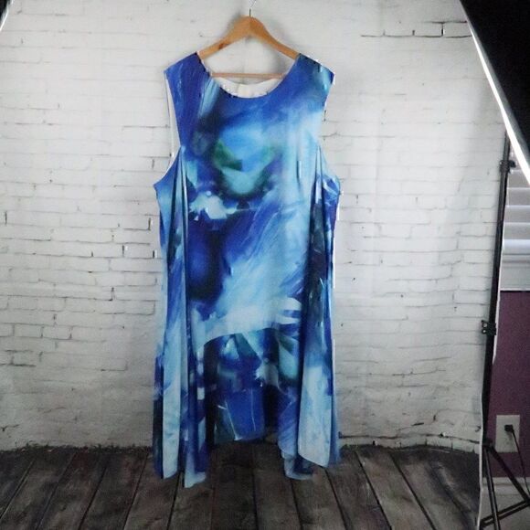 JULIA JORDAN BLUE TROPICAL SLEEVELESS ROUND NECK ASYMETRICAL HEM SHIFT DRESS - Picture 1 of 11